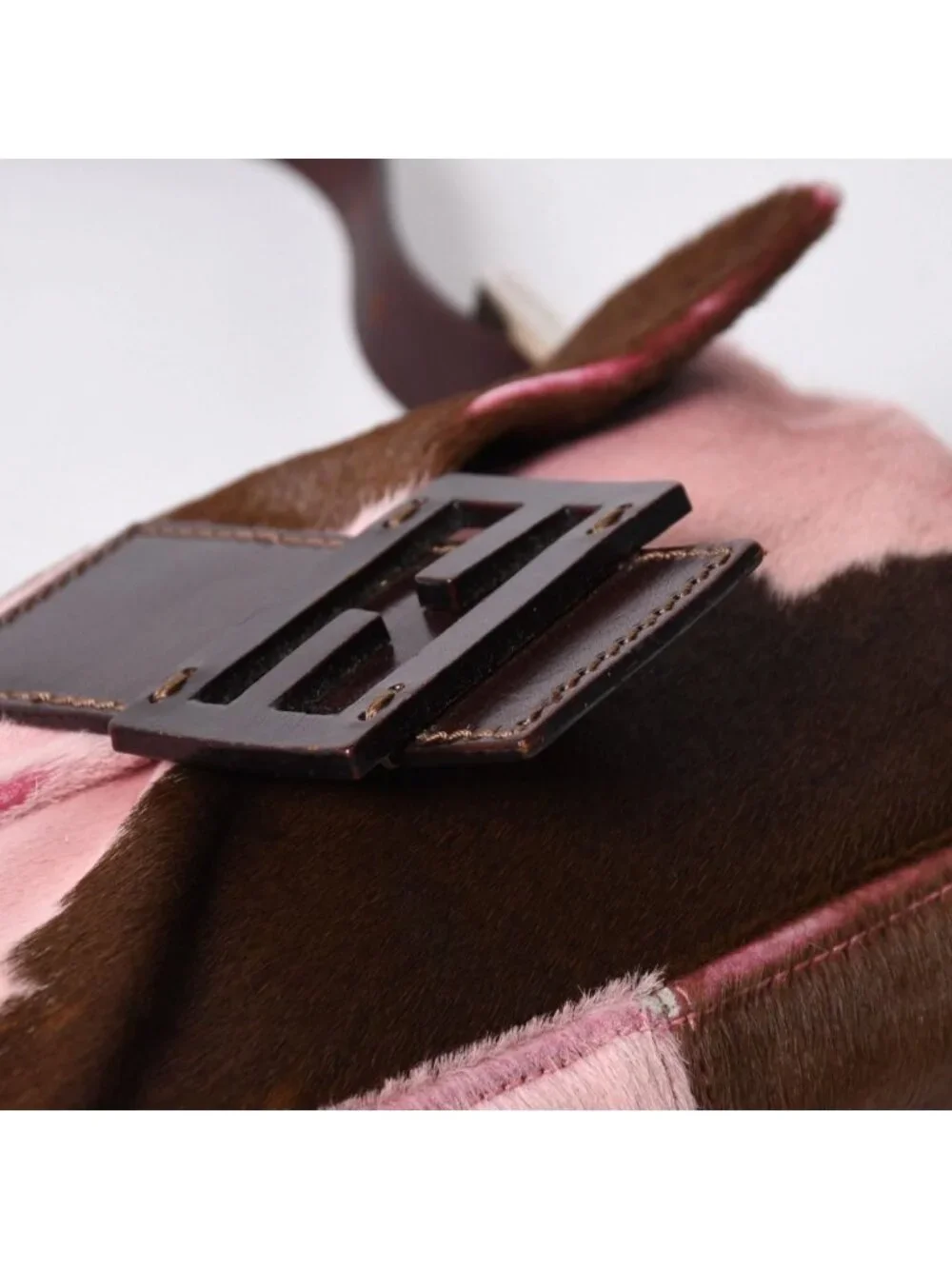 Fendi Mamma Baguette Calf Hair Leather Shoulder Bag Pink Brown Silver
